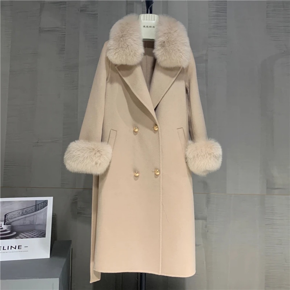 ロングウールジャケット 2024 女性ビッグリアルキツネの毛皮の襟ファッション冬カシミヤ混紡コートダブルブレストベルト生き抜く袖口