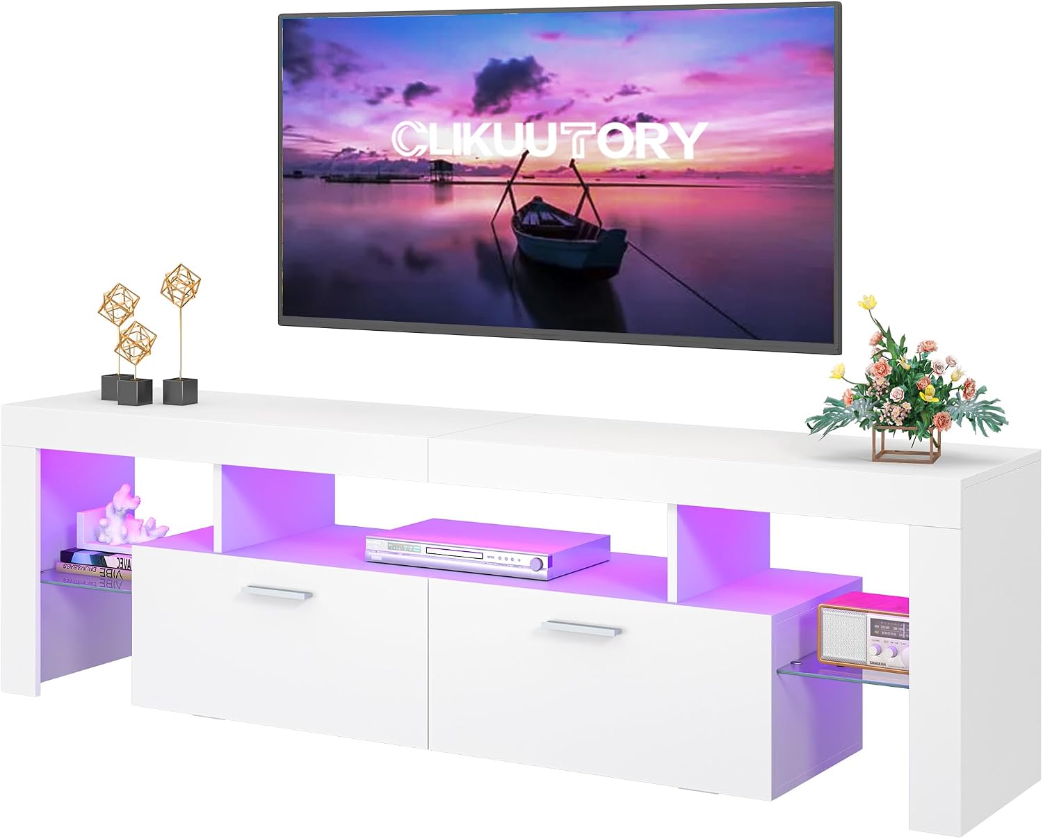63インチテレビスタンド、大型収納引き出しと20色のLEDライト付き、自立型エンターテイメントセンター、オープンシェルフ付き、50～75インチテレビ用、ホワイト