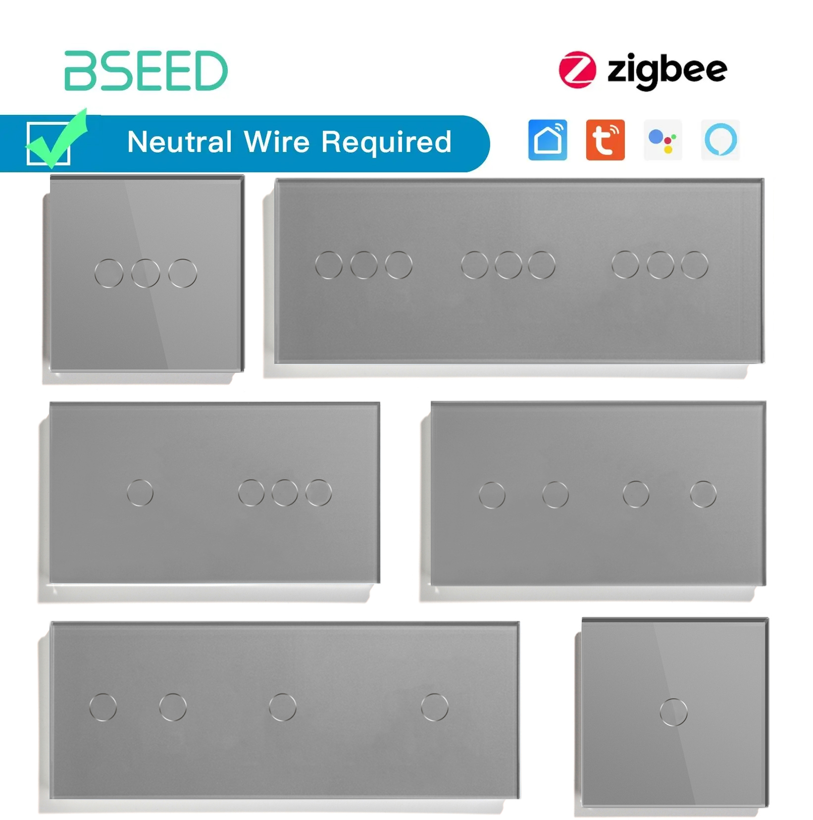 BSEED Zigbee タッチスイッチシリーズ壁スマートライトスイッチ青色 LED バックライトガラスセンサースクリーン Tuya APP スイッチ EU 標準
