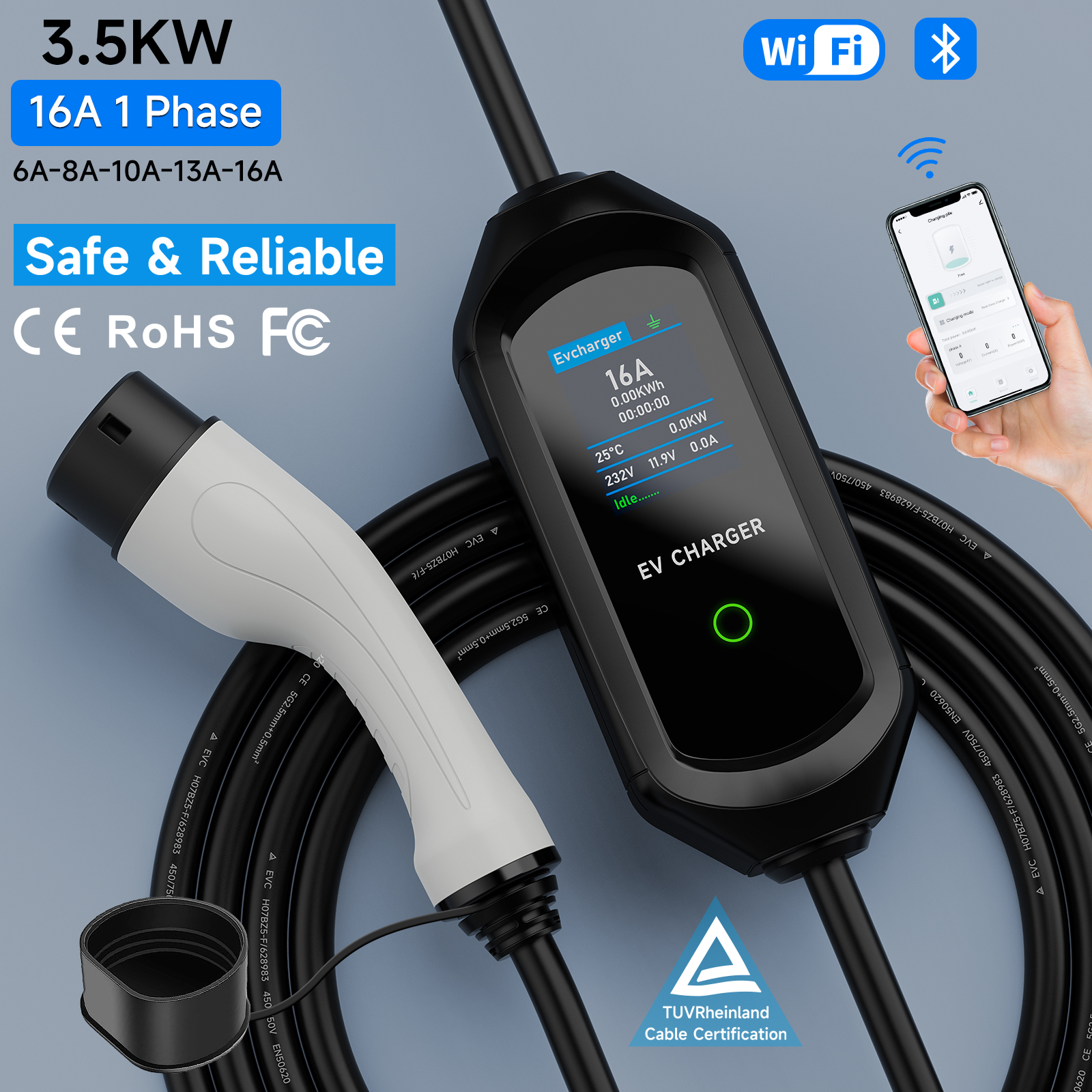 3.5KW Type2 IEC62196-2 ポータブル EV 充電器 16A Type1 SAE J1772 EVSE 高速充電ケーブル GB/T ウォールボックス WiFi APP Bluetooth 制御