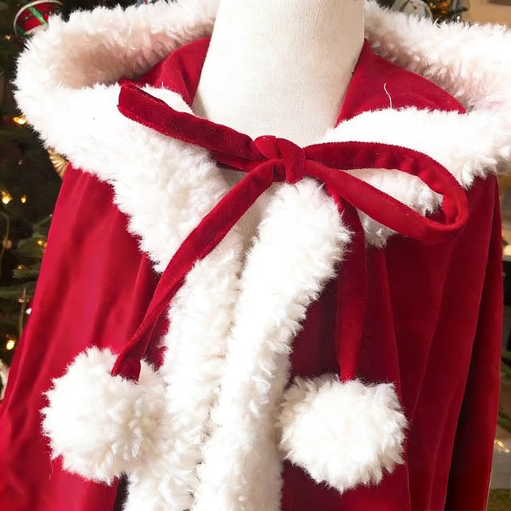 クリスマスレッドベルベットケープファートリムフード付き赤ずきん伝統的な中国の新年女の子服
