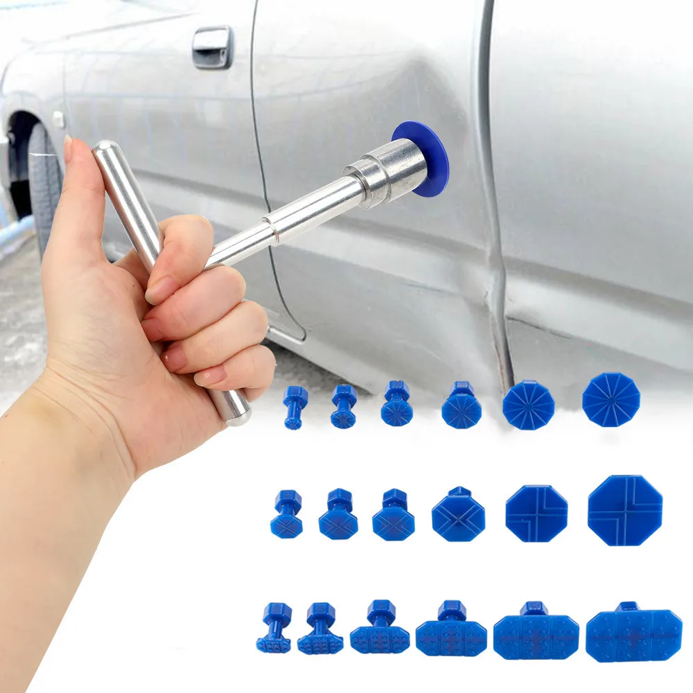 車のデント修理プーラー、車の修理ツールキット 18 個のプラスチック接着剤タブ付き金属 T ハンドルデントリムーバーユニバーサル車のアクセサー