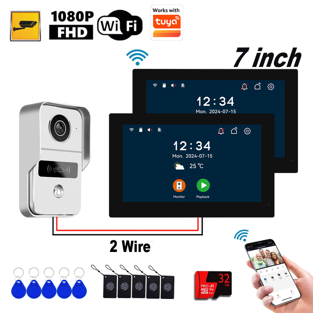 5 グラム WiFi 7 インチタッチスクリーン Tuya スマートビデオドアベル 2 ワイヤーデジタル 1080P カメラ 1V2 ビデオドアホンインターホンシステム 3in1 ロック解除