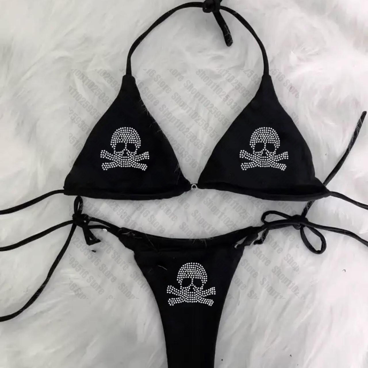 Y2K ビキニセットラインストーンスカルエモ水着女性 sexyprint パッド入りブラジャー Tバック 2 枚水着ビーチウェア水着ファム