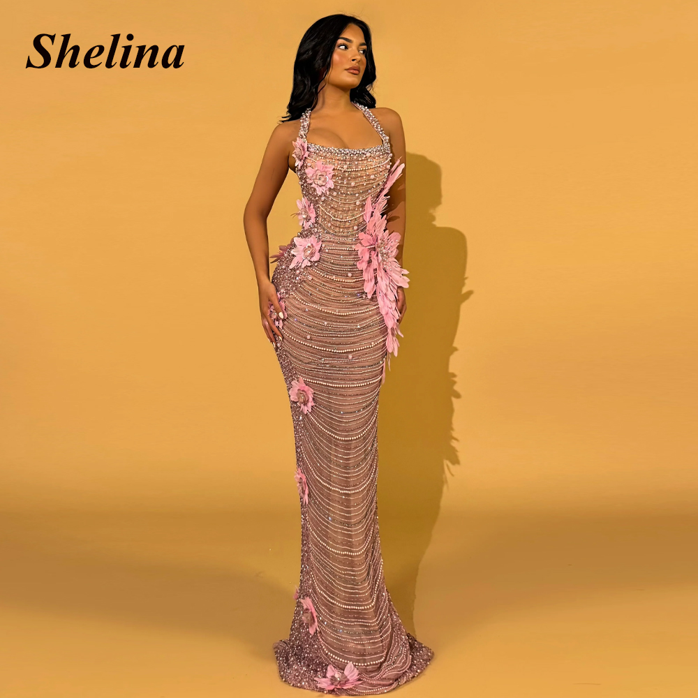 Shelina ファッショナブルなビーズイブニングドレスラインストーンホルター 3D 花マーメイドノースリーブページェント Vestidos デ ガラカスタマイズ