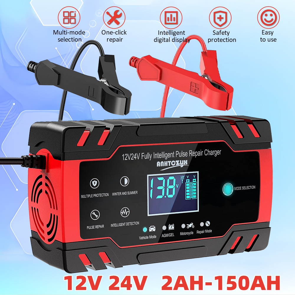 12/24V スマートパルス修理バッテリー充電器デジタルディスプレイ自動車オートバイ AGM 鉛酸バッテリーメンテナーマルチ保護