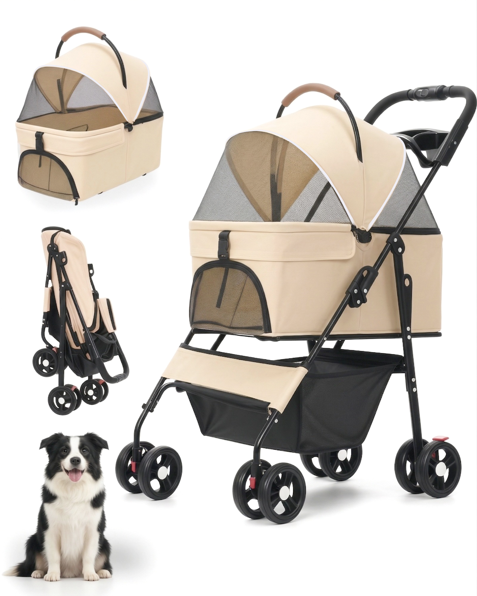 2-in-1ペットベビーカー小型犬猫用折りたたみ式軽量4輪犬ベビーカー取り外し可能なキャリア付き旅行ポータブルペットカート