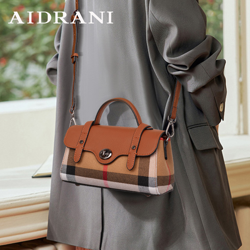 Aidrani クラシックチェック柄シングルショルダークロスボディバッグ、キャンバスパッチワーク牛革ミニバッグ