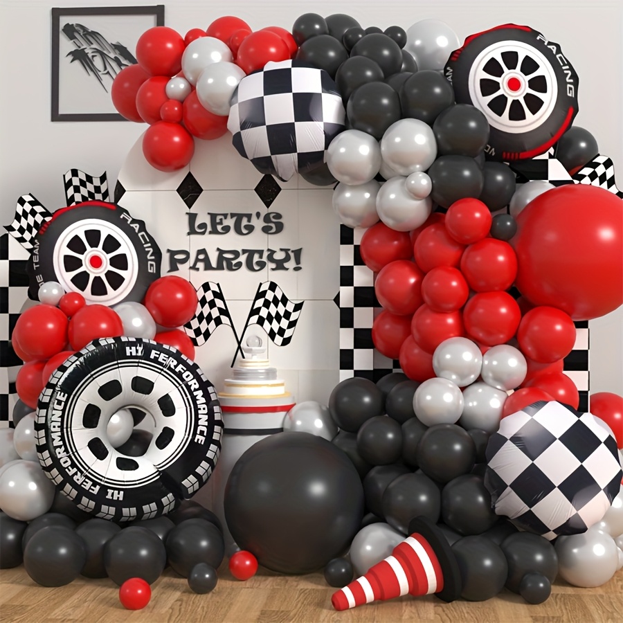 109 個レースカーテーマバルーンガーランドアーチキットチェッカータイヤ赤黒ラテックスバルーン誕生日パーティーベビーシャワーの装飾