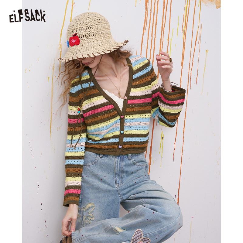 ELFSACK レインボーストライプニットセーター、カラフルなオンブル、レトロな長袖プルオーバー、女性用のかわいいカジュアルトップ