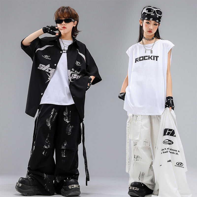男の子ヒップホップ服セット女の子ジャズストリートダンス衣装黒、白半袖シャツだぶだぶのパンツ社交ダンスウェア服