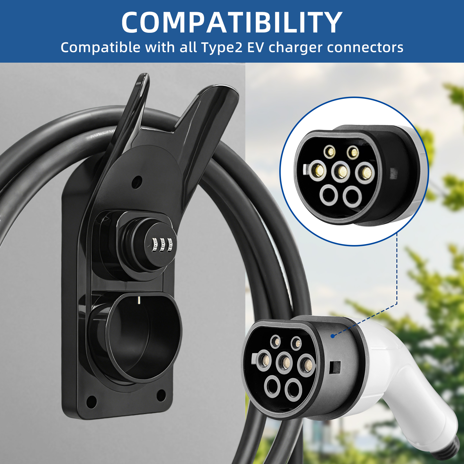 EVqiaoyi TYPE2 充電器 ロックホルダー付き ロック付き 壁掛け充電ケーブルオーガナイザー 盗難防止