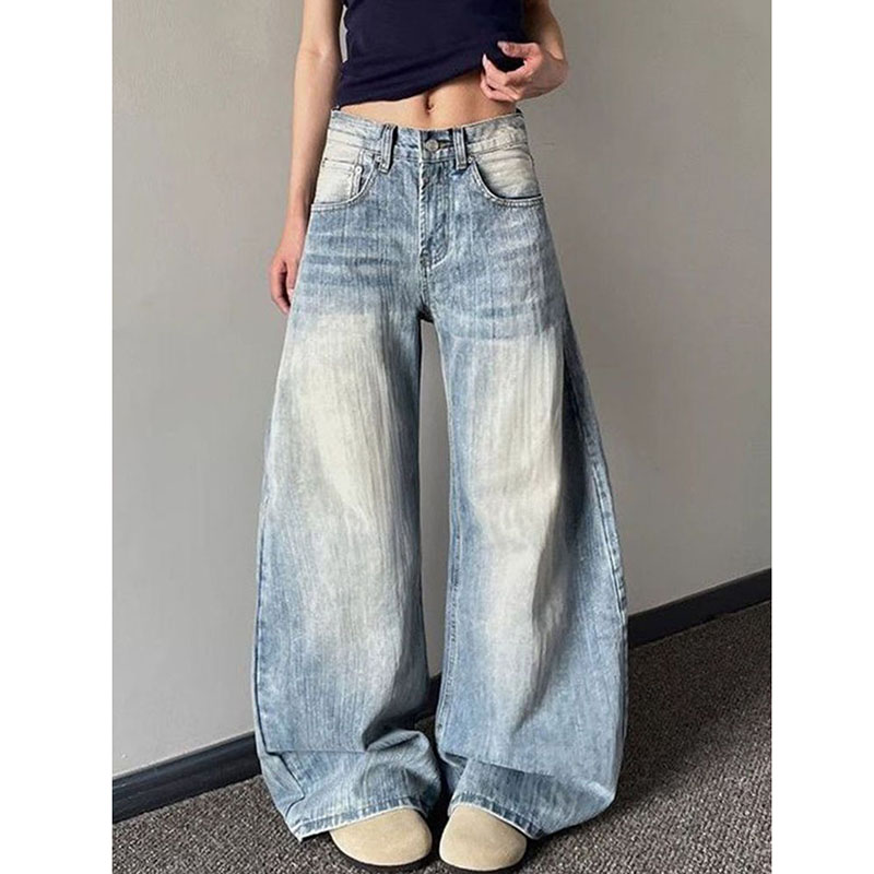 女性のヴィンテージ洗浄デニムパンツアメリカンレトロだぶだぶ Y2k ワイドレッグジーンズ女性ハイウエストライトブルーカウボーイ鎌ズボン