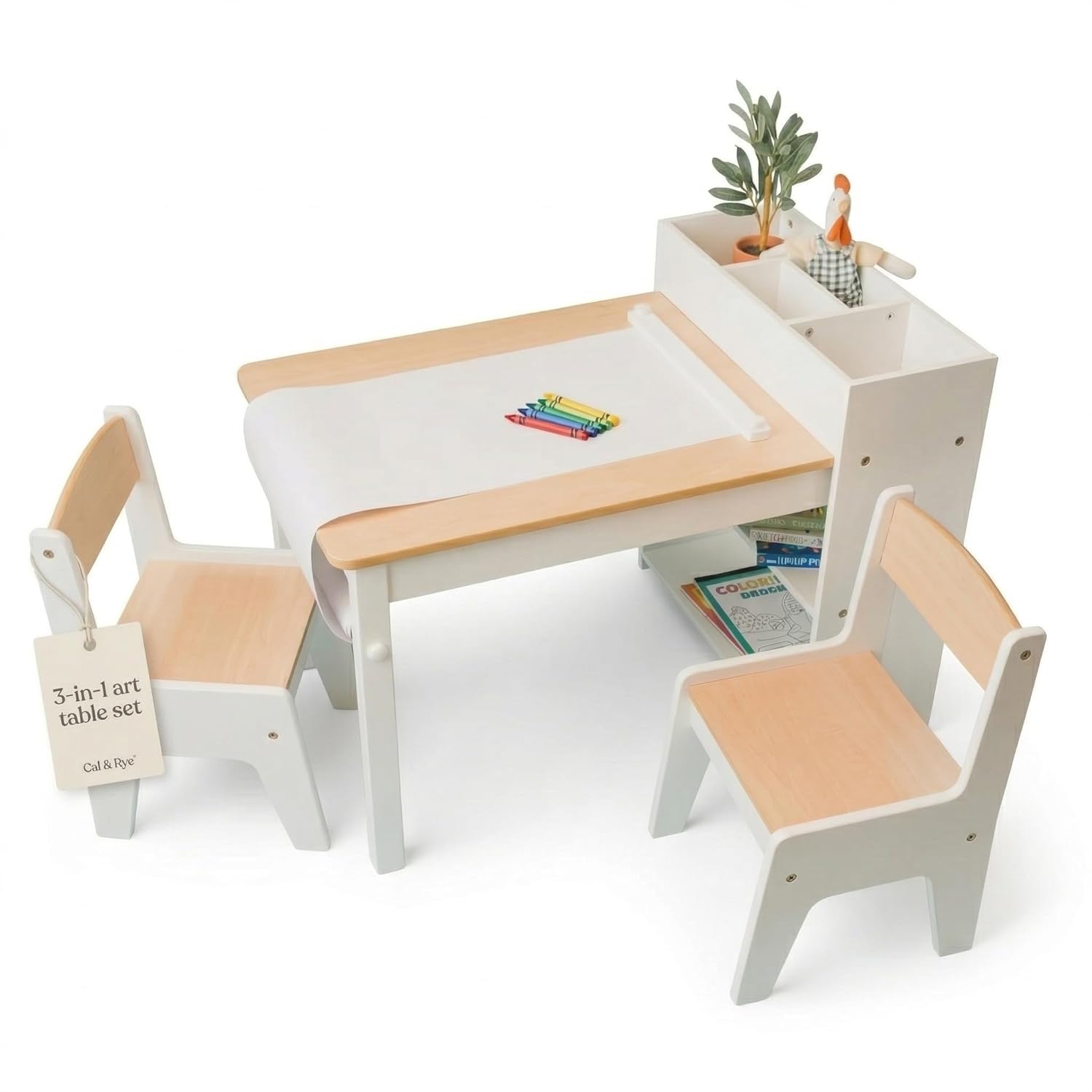 子供用アートテーブル - 3 in 1 キッズテーブルと椅子セット (椅子2脚付属)、子供用ホワイト木製クラフトテーブル、カスタマイズ済み