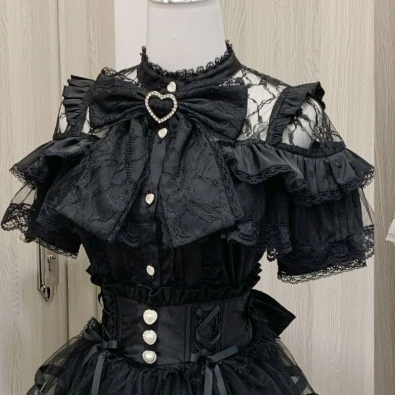 日本のかわいいロリータレースパッチワークブラウス夏の女性原宿シングルブレスト甘いシャツかわいいガーリー JK リボントップス Blusas