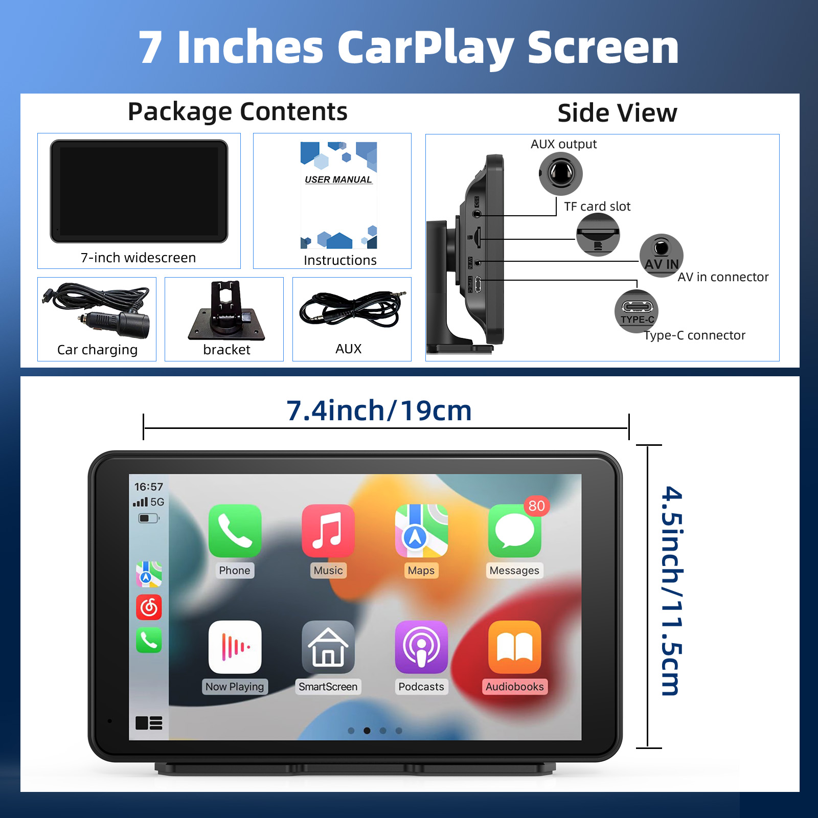 車用ワイヤレス CarPlay スクリーン、Apple CarPlay 付き 7 インチ HD ポータブル ステレオ タッチスクリーン