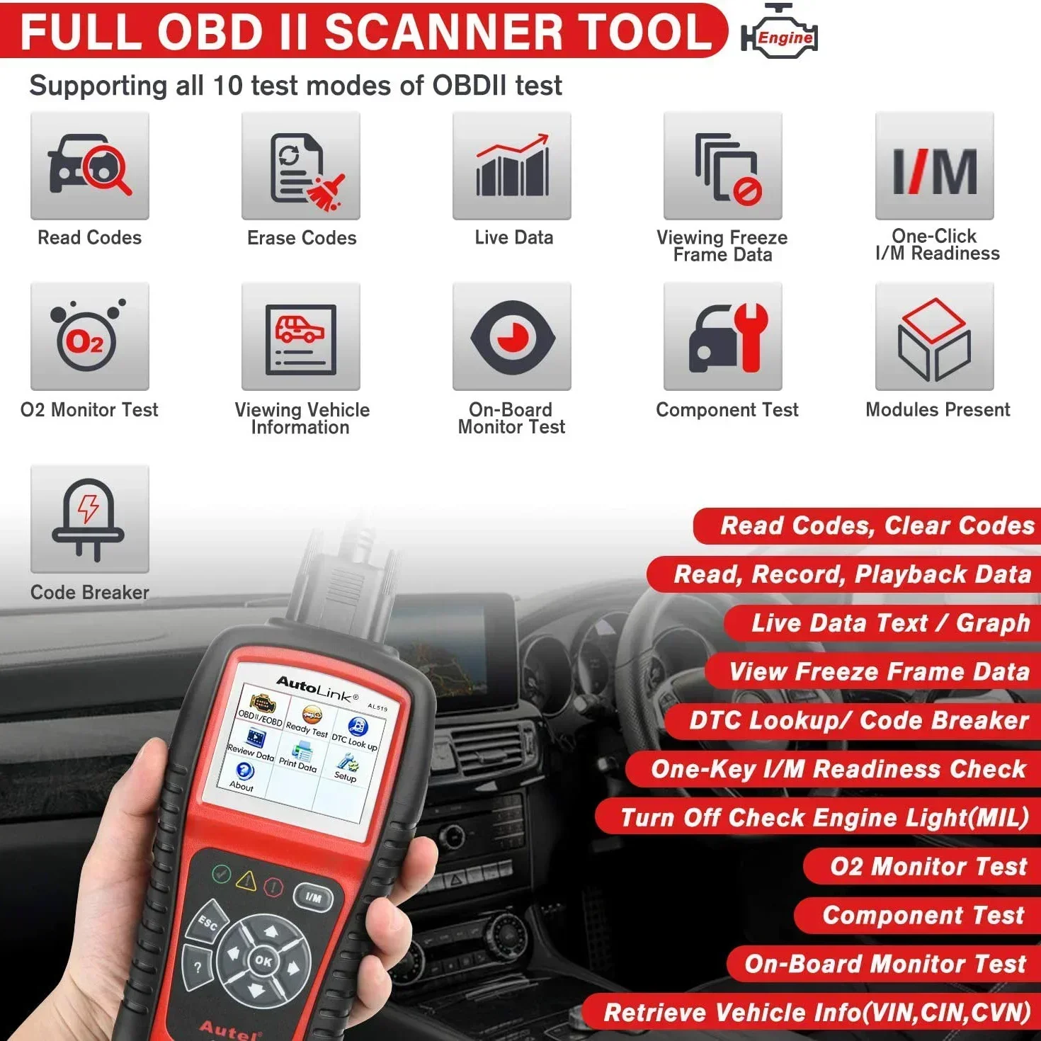 XBD Autel AUtoLink AL619 AL519 OBD2 スキャナ車診断ツールコードリーダー Automotoriz ABS、SRS 自動車 EOBD 診断