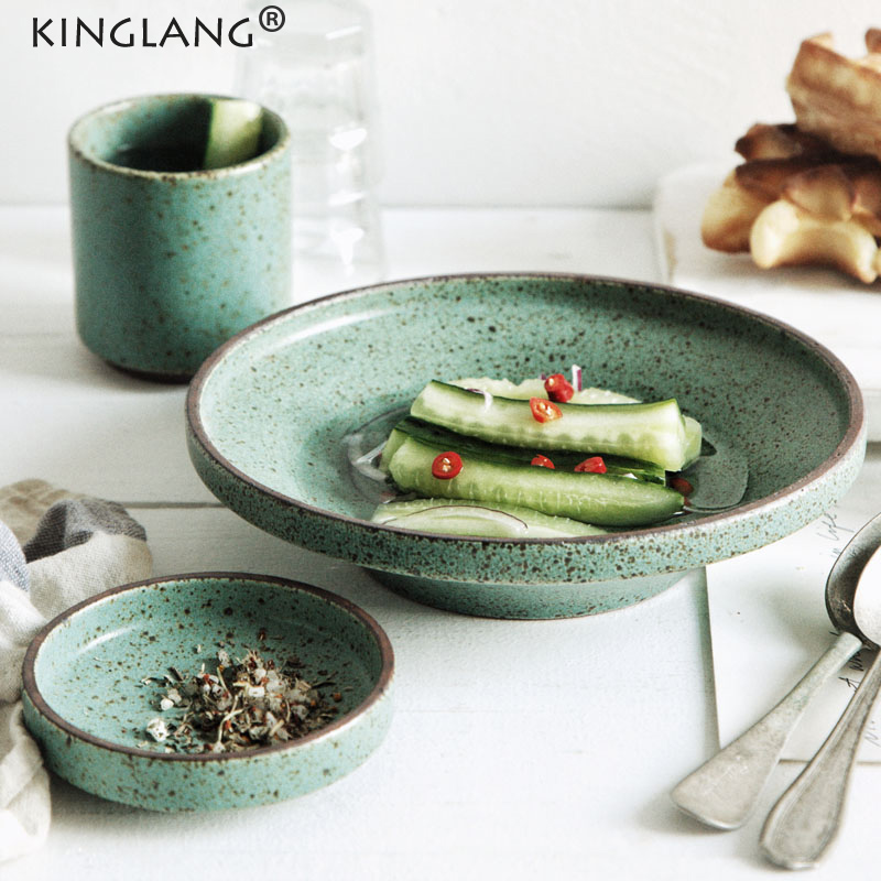 KINGLANG  Japanese Green Color Retro Handmade Ceramic Plates Single Home Restaurant Teacup Round Steak Plate Rice Salad Bowl