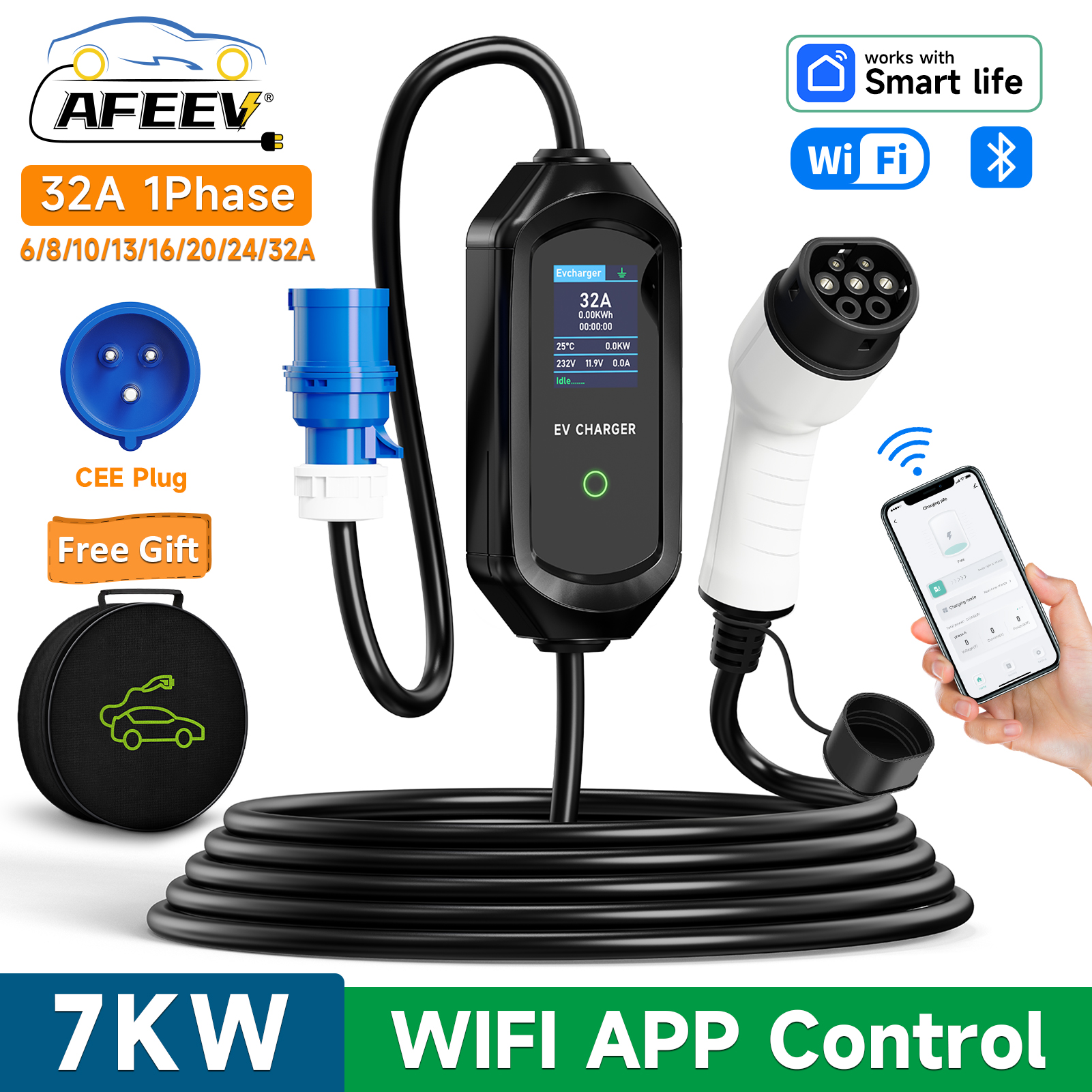AFEEV タイプ 2 ポータブル EV 充電器 7KW 32A 1 相ウォールボックス Type1/GBT EVSE 高速充電ケーブル CEE プラグ WIFI APP Bluetooth 制御