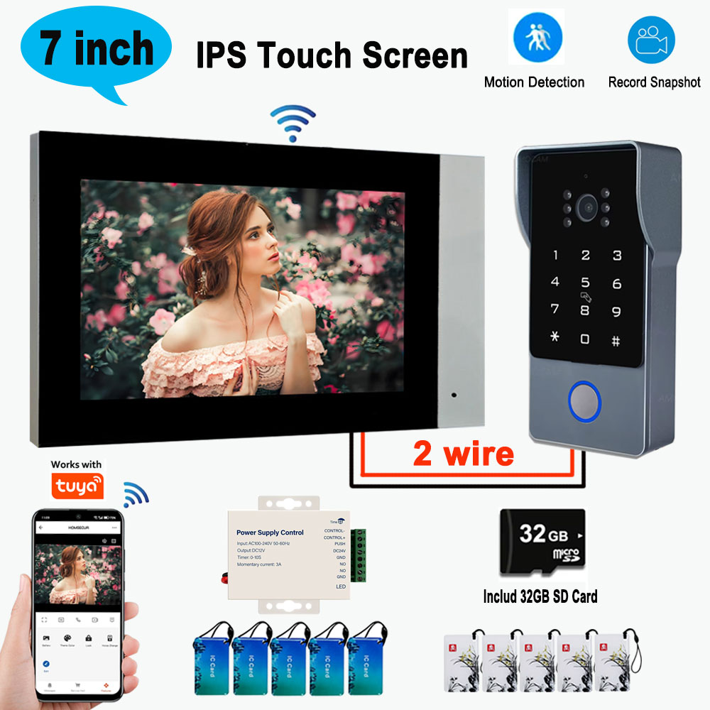7 インチ WiFi タッチスクリーンビデオドアホン 2 ワイヤー 1080P ビデオドアベルインターホンシステム 32 グラムカード Tuya アプリ IC カードパスワードロック解除