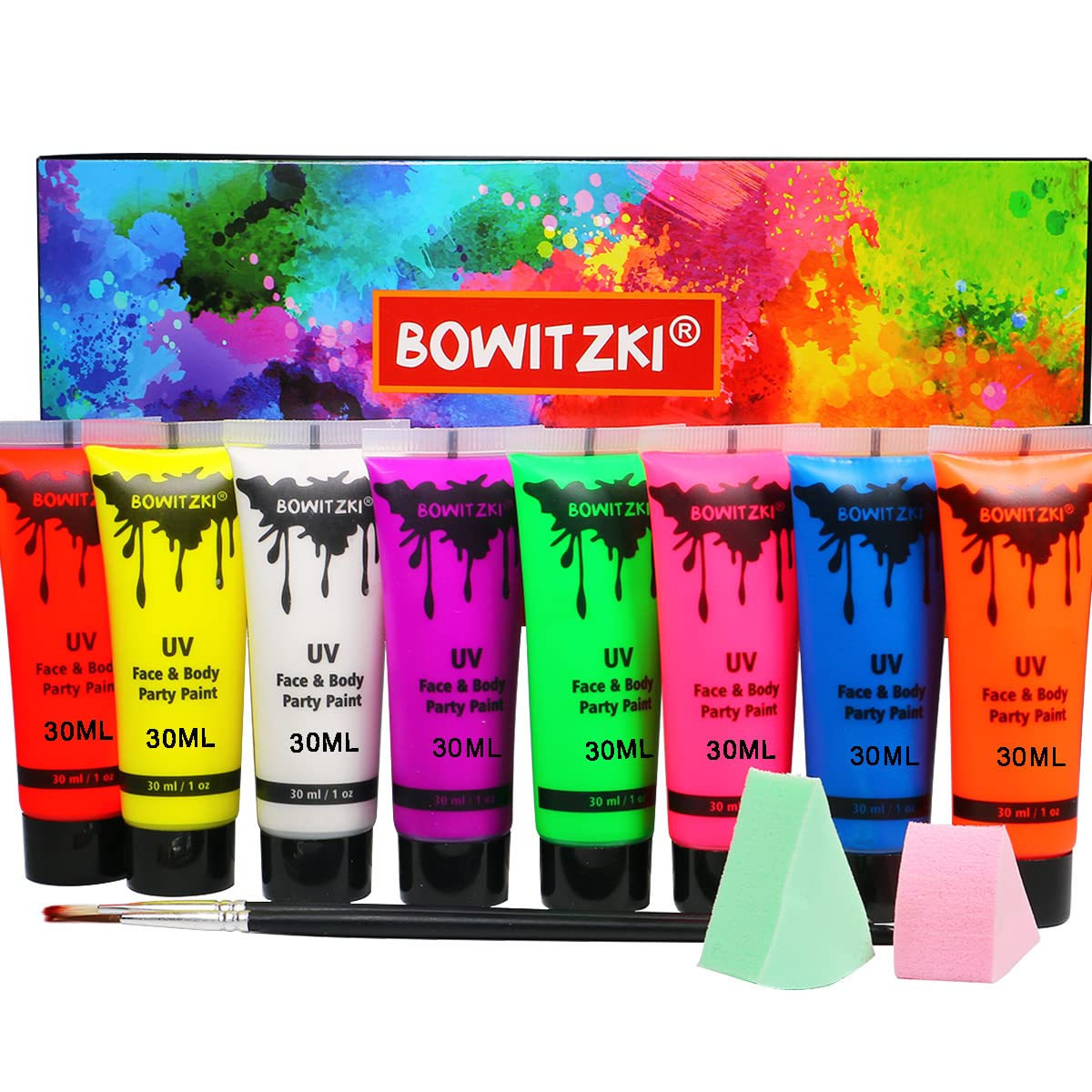 Bowitzki UV ネオンフェイスとボディペイント 8 x 30ml 液体大型キットブラックライト暗闇で光るメイクアップセット蛍光塗装