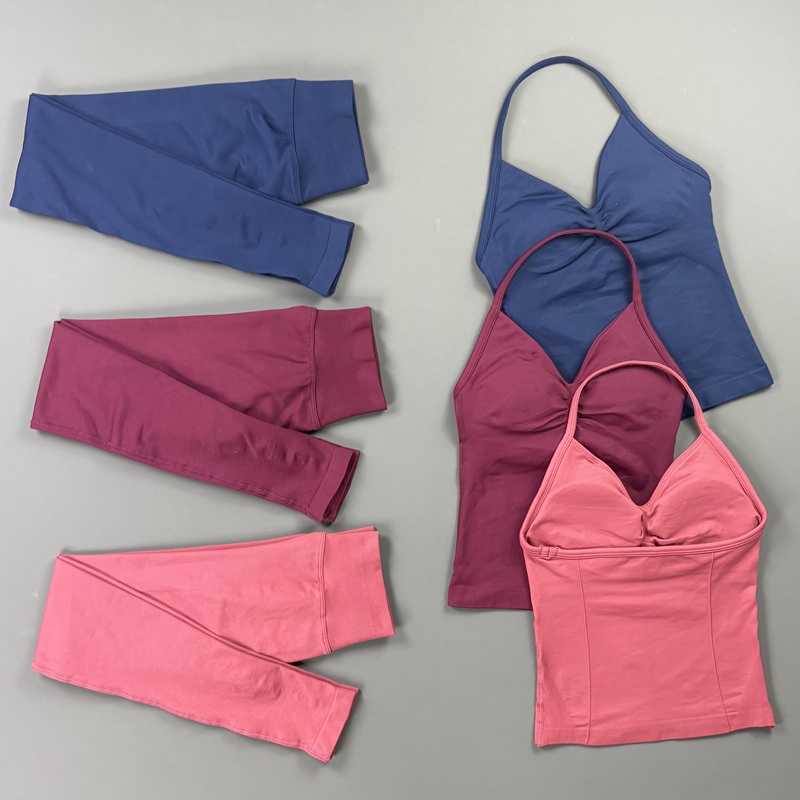 HISTELLO ジムレギンスセット 2 個女性のヨガ延縄ストラップトップシームレスフィットネス服ランニングトレーニングスポーツトップス衣装