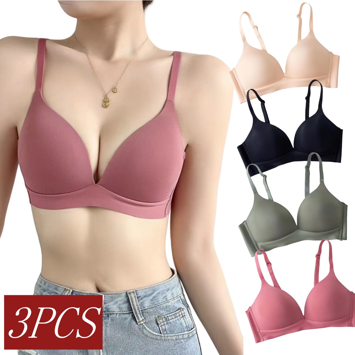3 ピース/セットシームレスブラジャー女性のためのノンワイヤー光沢のあるディープ V 固定カップ下着 3/4 カッププッシュアップブラジャー快適な日常着ランジェリー