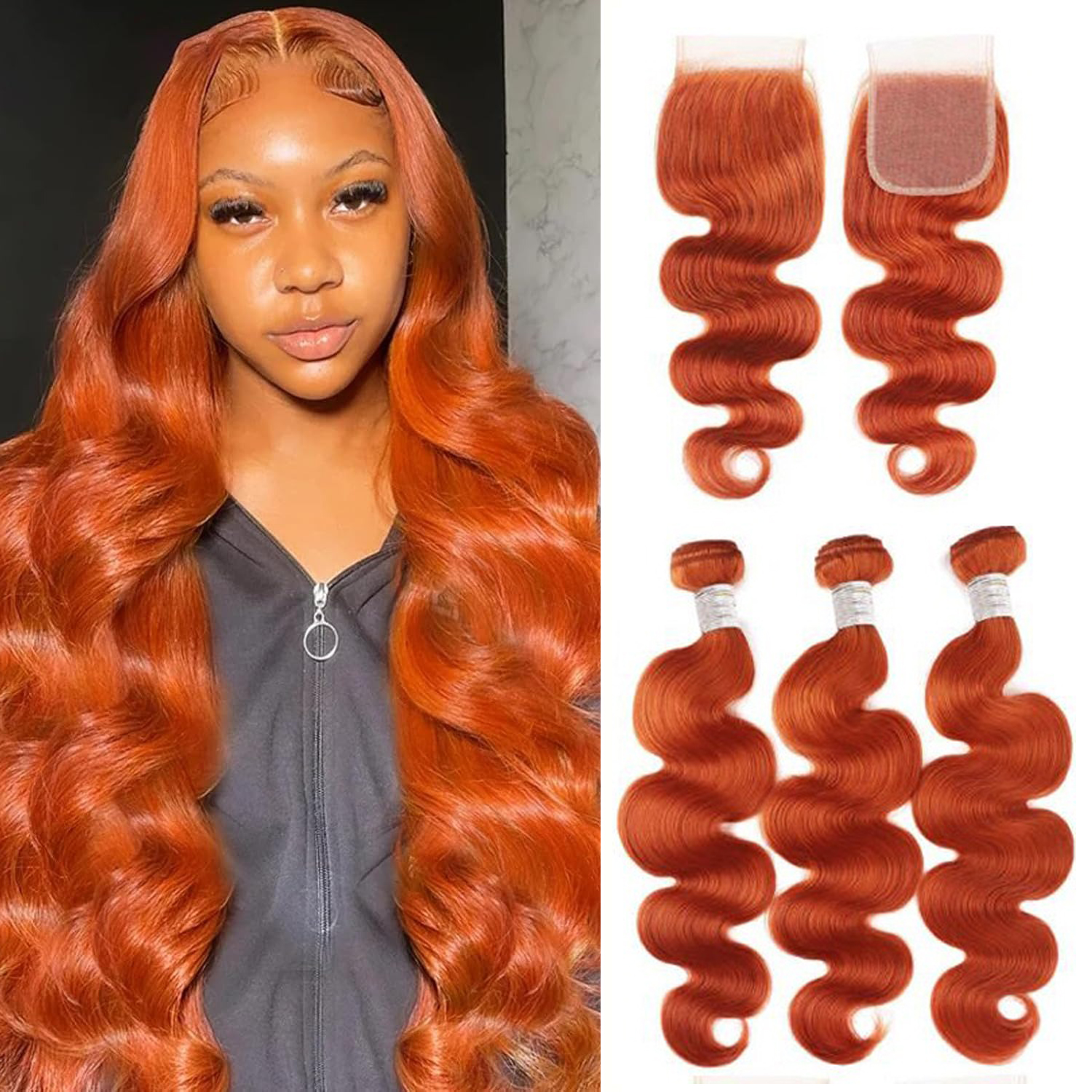 #350 Ginger Body Wave Human Hair Bundles With Closure 4x4 Transparent Swiss Lace Brazilian 100% Human Hair Extensions
