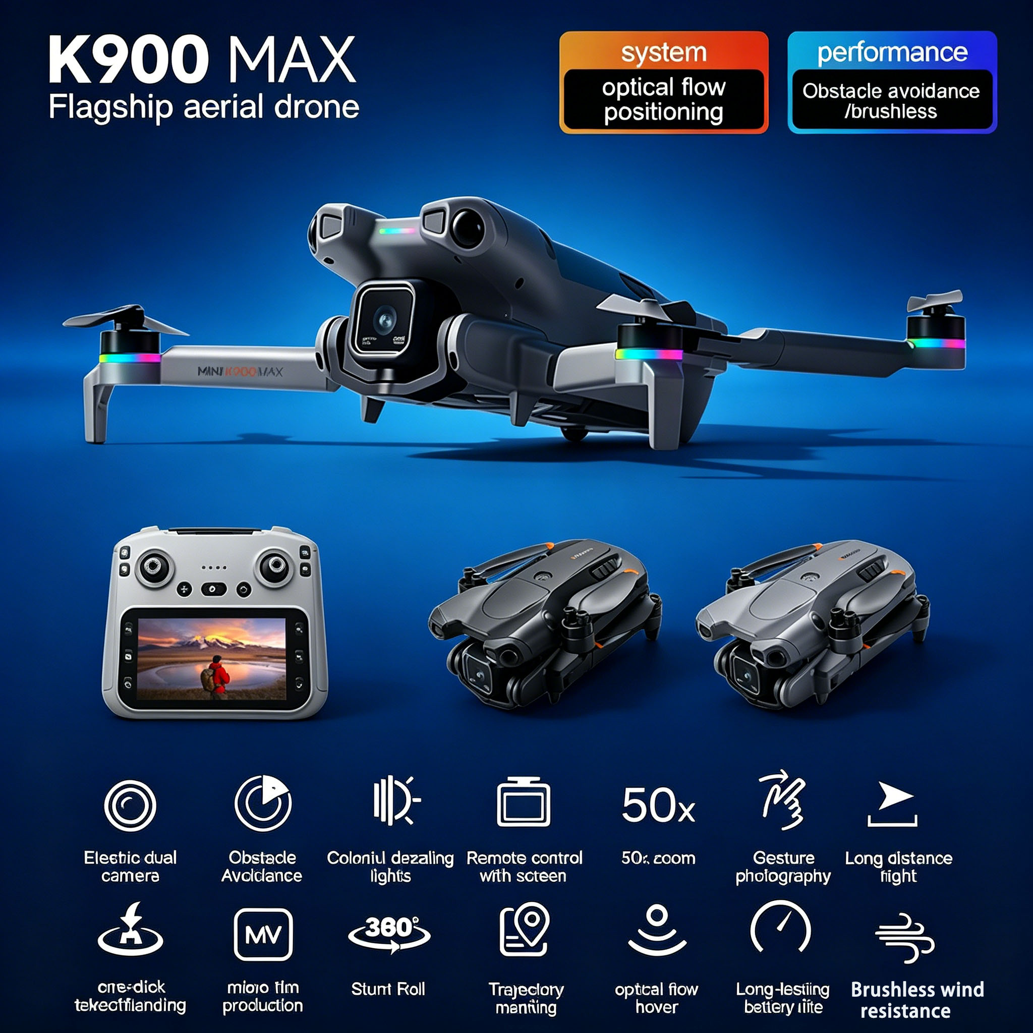 新しい K900 障害物回避機能付き航空写真ドローン、大画面リモコン付き HD ブラシレス クアッドコプターおもちゃの飛行機