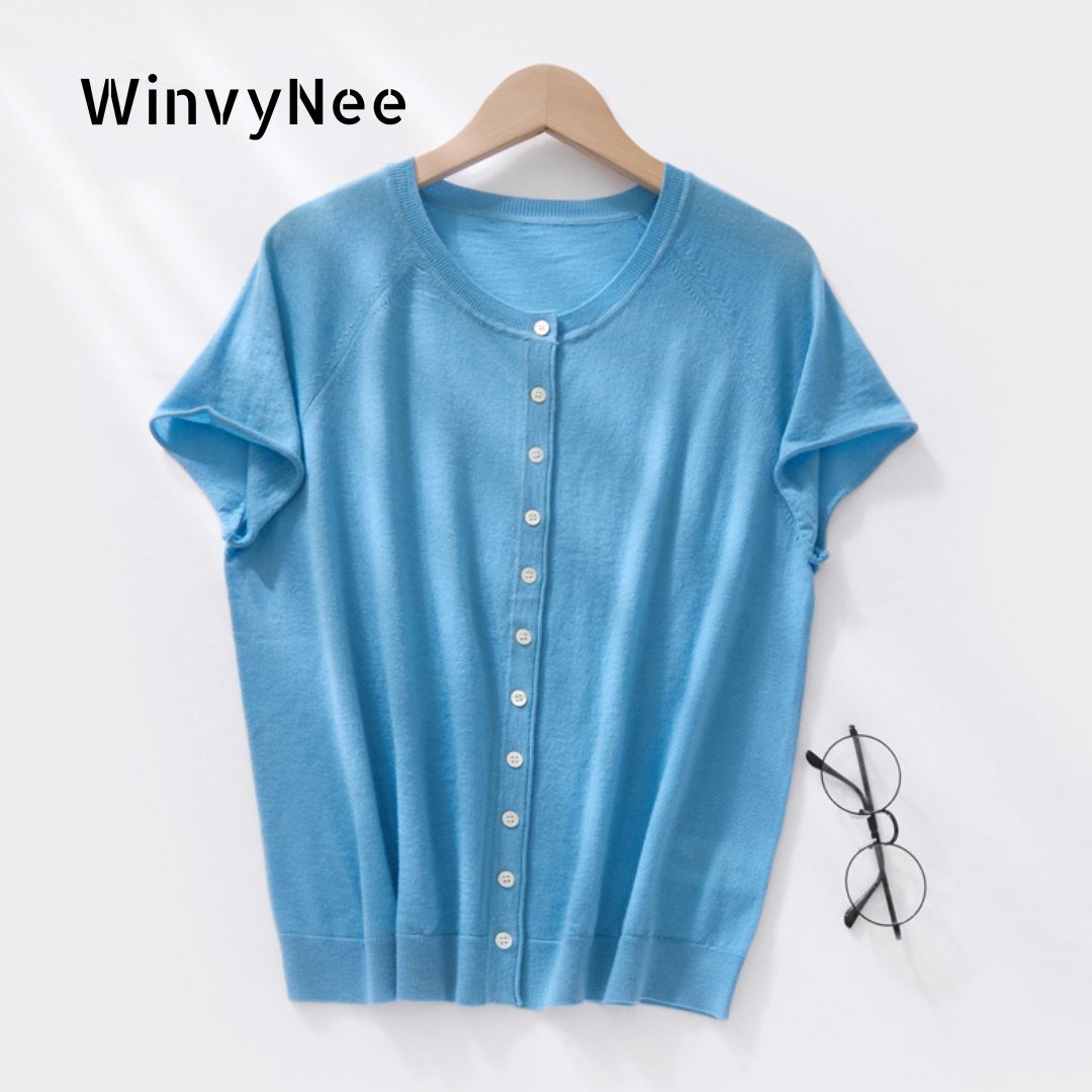 WinvyNee 婦人服春夏ウーステッドウール半袖カーディガンクルーネックソフトベーシックエレガントカジュアルトップ ZB1317005