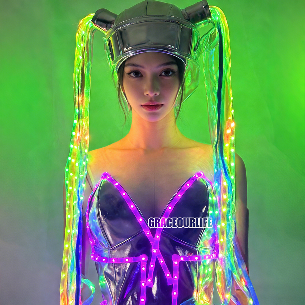 女性用 LED ジャンプスーツ コスチューム 発光三つ編み フルカラー マスカレード ステージ DS パフォーマンス バー DJ ファンタジー 衣装 女性用