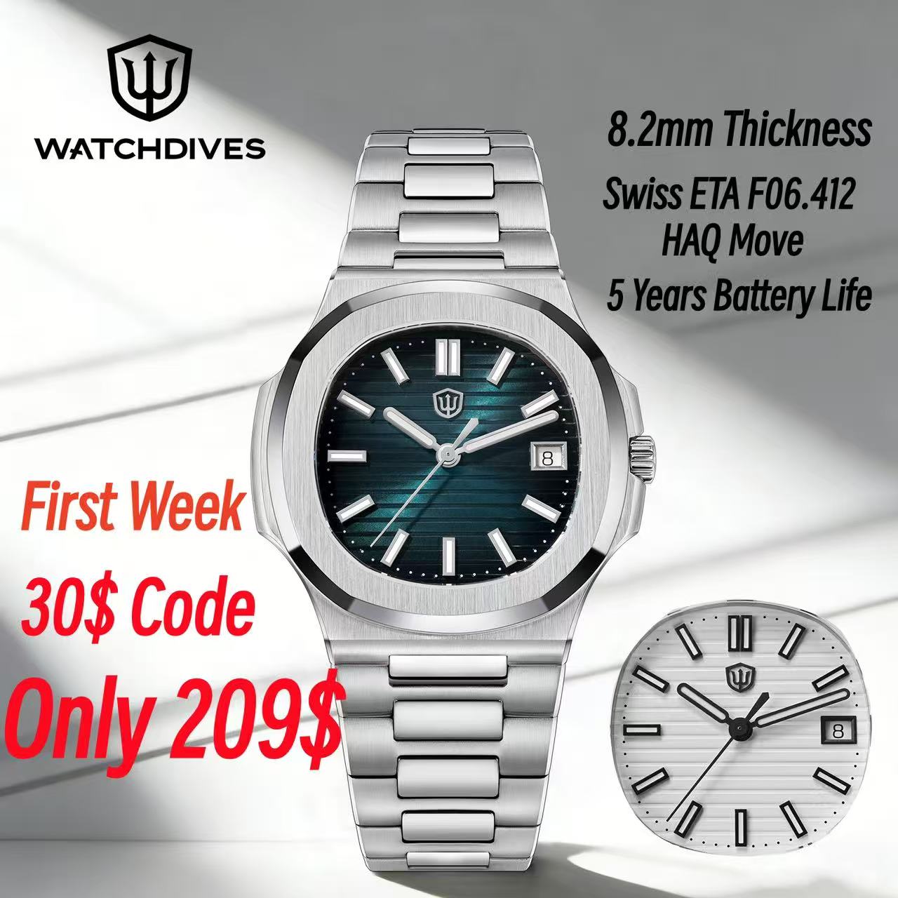 Watchdives WD0013B スイス ETA F06.412 HAQ クォーツ時計 41mm サファイア 8.2mm ウルトラスリム BGW9 夜光ステンレススチール メンズ 高級