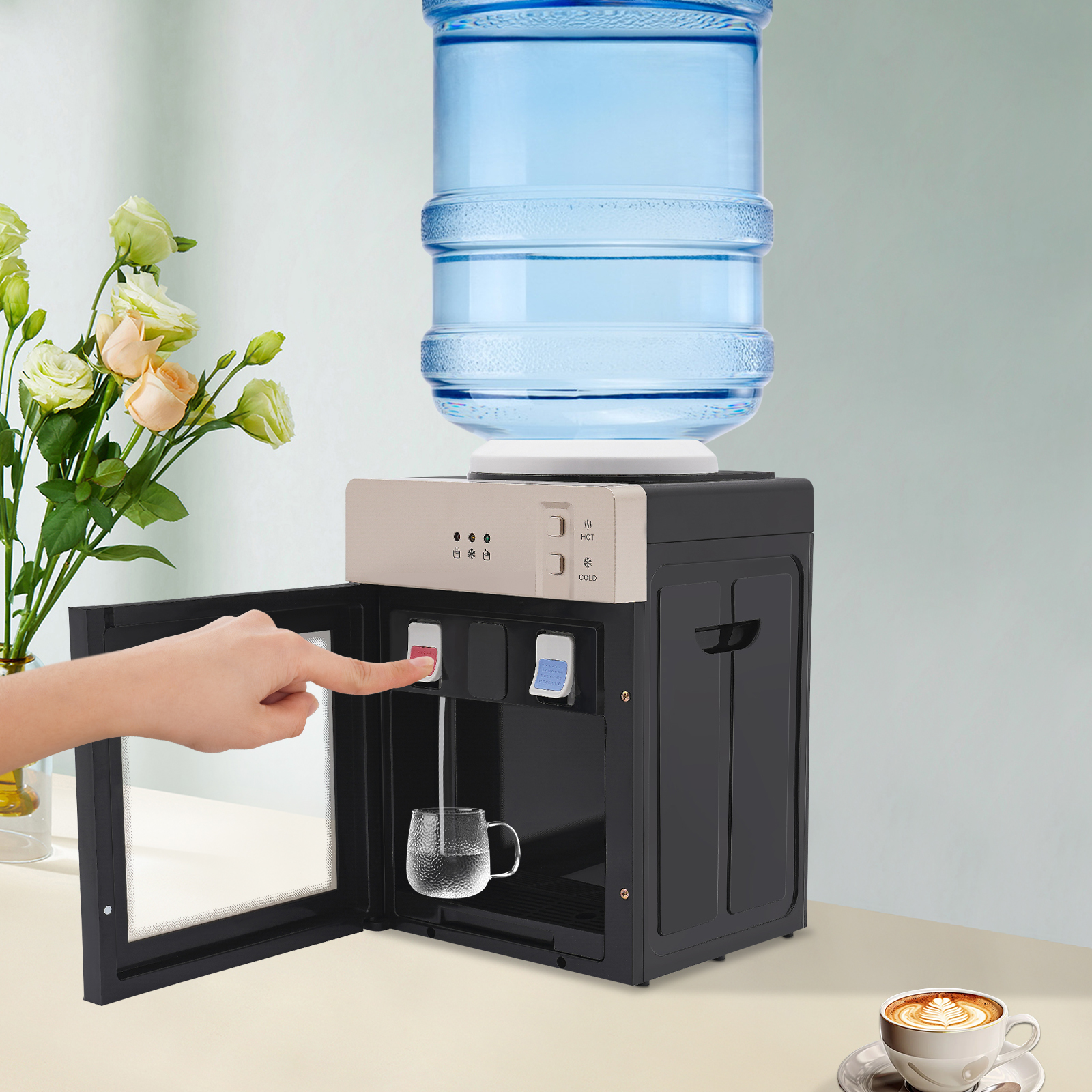 5ガロントップローディングウォータークーラーディスペンサー、電気温冷飲料機、3つの温度設定付きカウンタートップウォーターディスペンサー、ホームオフィス用カウンタートップウォーターディスペンサー