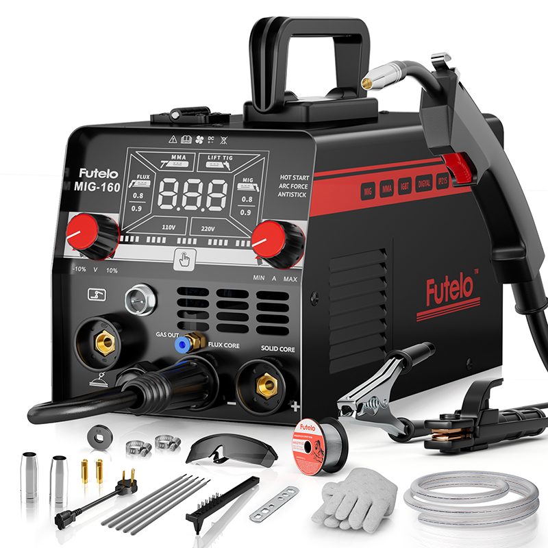 160A MIG 溶接機、4 in 1 ガス/ガスレス MIG フラックスコア/リフト TIG/スティック溶接機 110V 220V 大型 LED ディスプレイ付き、金属修理と初心者向けの相乗効果を備えたポータブル IGBT インバーター