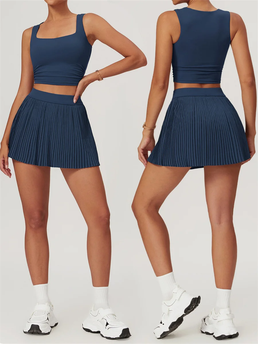 2 ピースヨガテニススカートセットジム屋外ブラジャークロップトップハイウエストフィットネススカートスーツ女性のゴルフダンスバドミントンスポーツショーツ