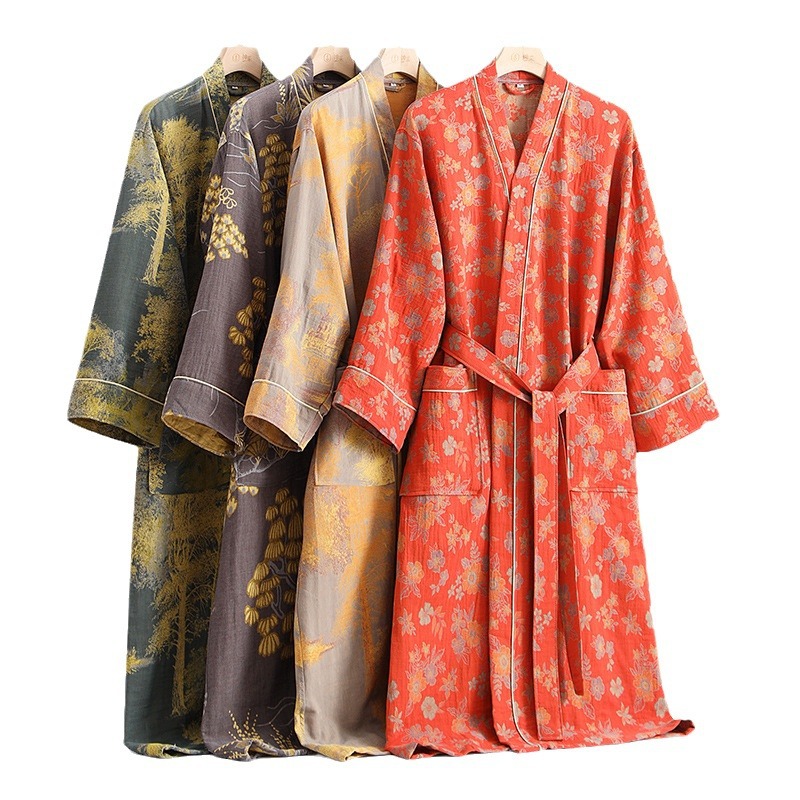 春夏の純綿二層ガーゼバスローブ薄い染め生地ホーム服カップル和風着物ローブパジャマ