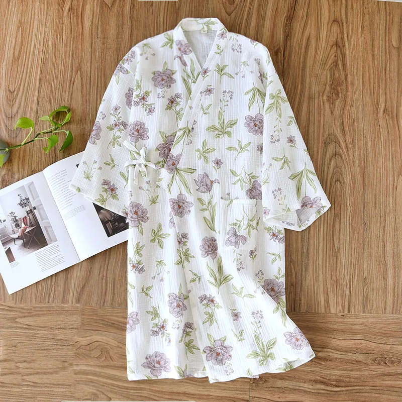 マルチカラー着物バスローブパジャマ服女性の夏の綿の花柄プリント半袖かわいい汗蒸しローブ