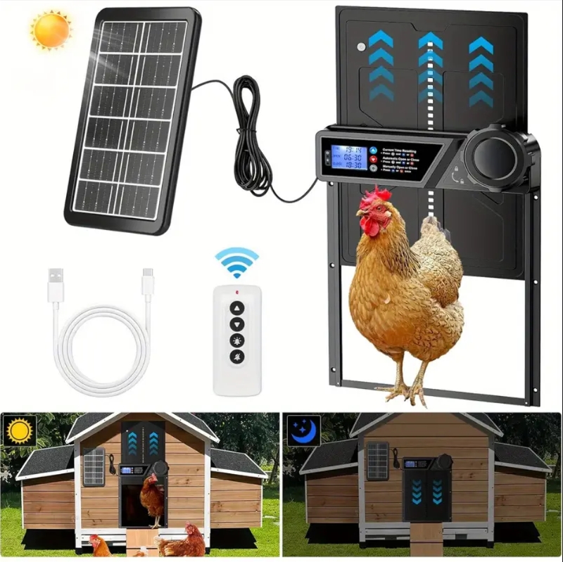 自動鶏小屋ドア、挟み込み防止、大型 LCD 表示画面、タイマーおよび光センサー モード、太陽光発電オートマット