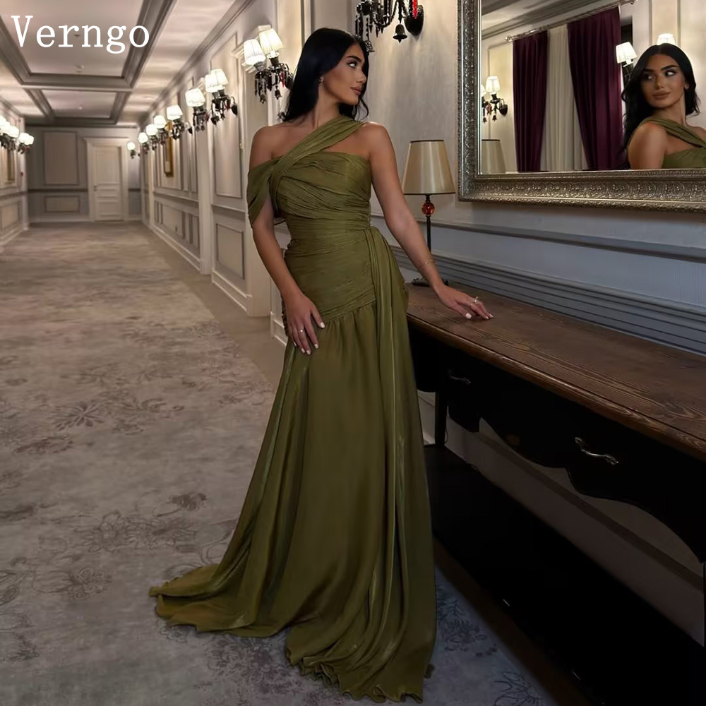 Verngo グリーン光沢のあるサテンのイブニングドレスワンショルダーマーメイドフォーマルイベントドレスエレガントなウエディングドレスカスタマイズ