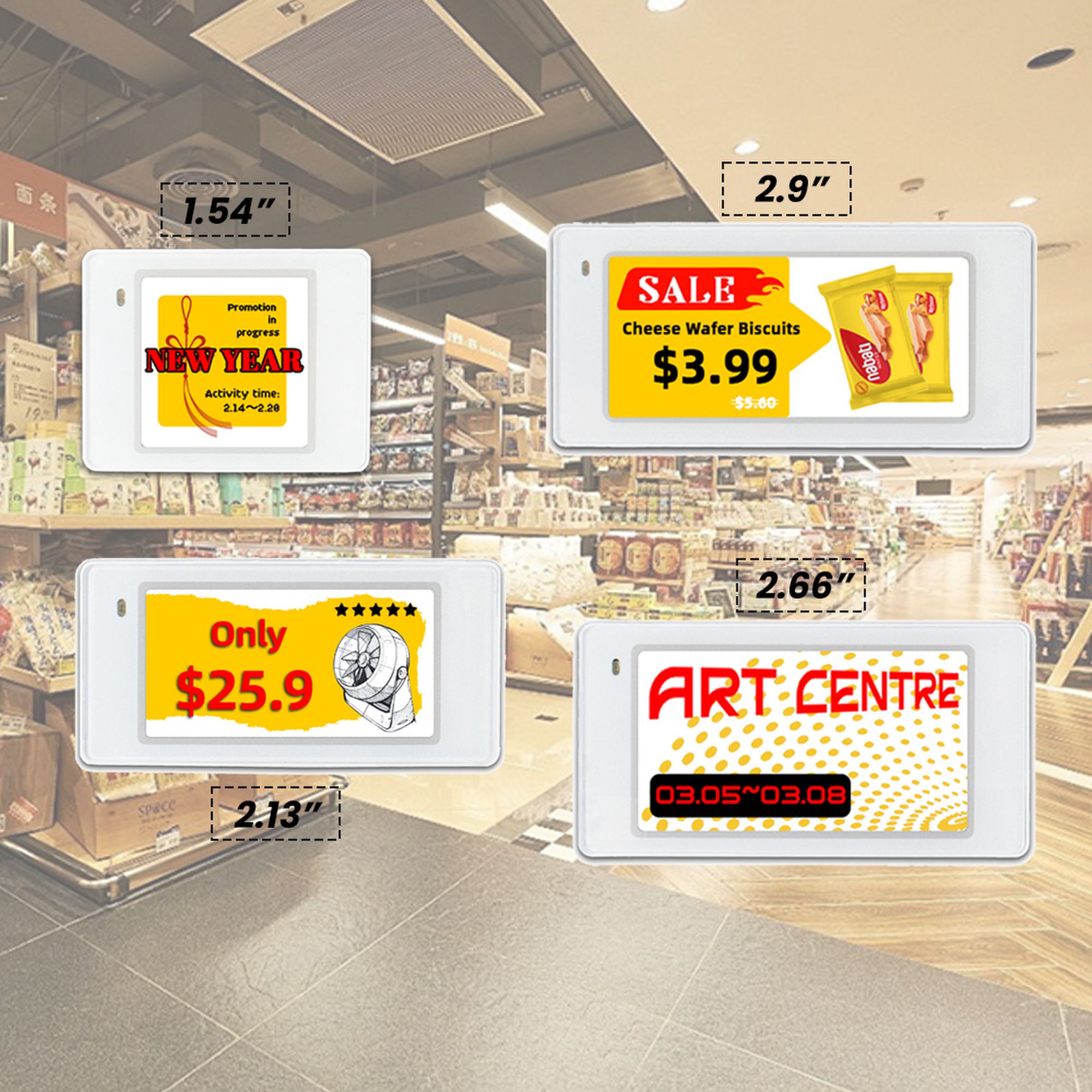小売 1.54 "2.13" 2.66" 2.9" 電子棚価格ラベル 4 色 Ble 値札