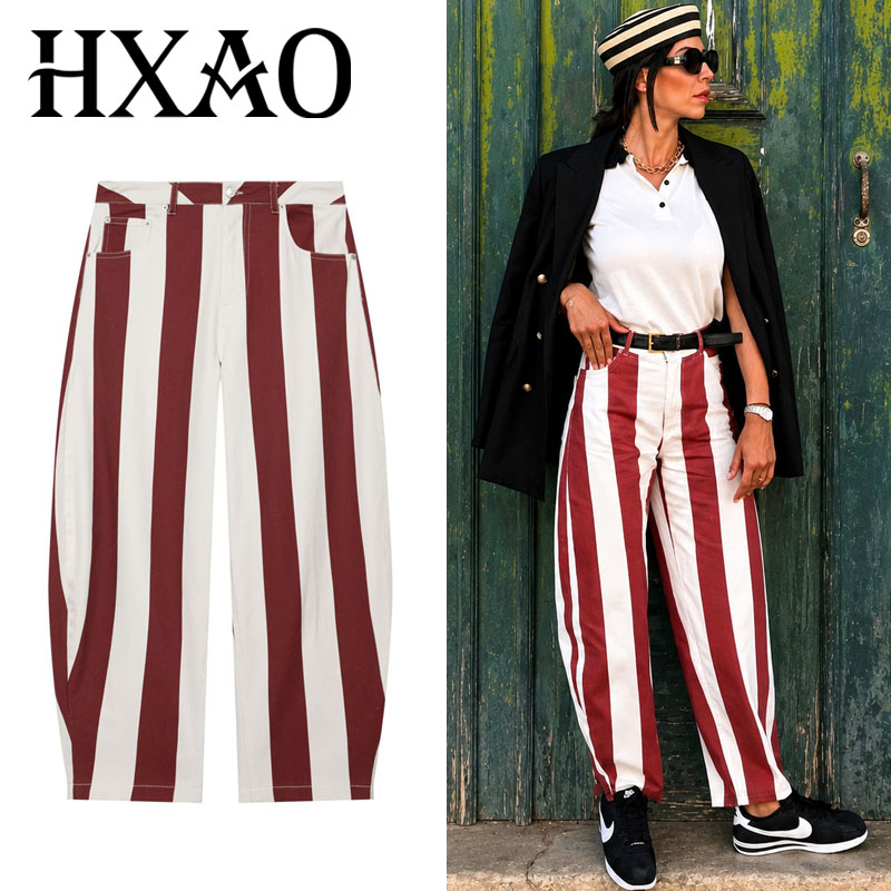 HXAO レディース ジーンズ ストライプ デニム パンツ レディース ハイウエスト ジーンズ だぶだぶ ワイドレッグ 長ズボン カジュアル ストリート 女性 ボトムス