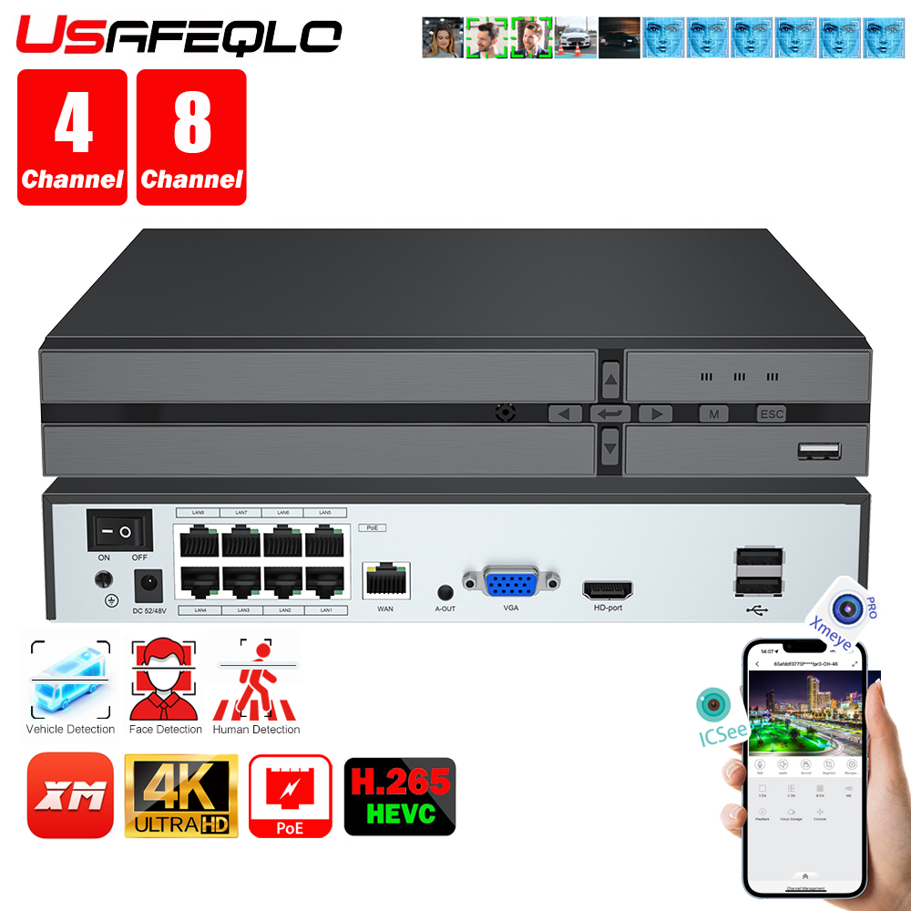 顔検出 H.265 8ch * 4K 4ch/8ch PoE ネットワークビデオレコーダー監視 PoE NVR 4/8 チャンネル HD 8MP 5MP IP カメラ用