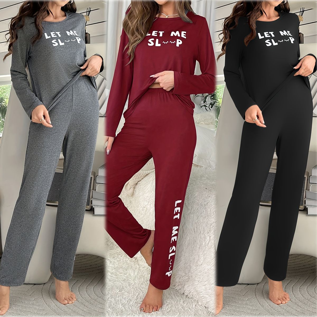 女性のレタープリントパジャマセットソリッドシンプルなスタイル長袖クルーネックトップと弾性パンツトレンディな女性のパジャマ