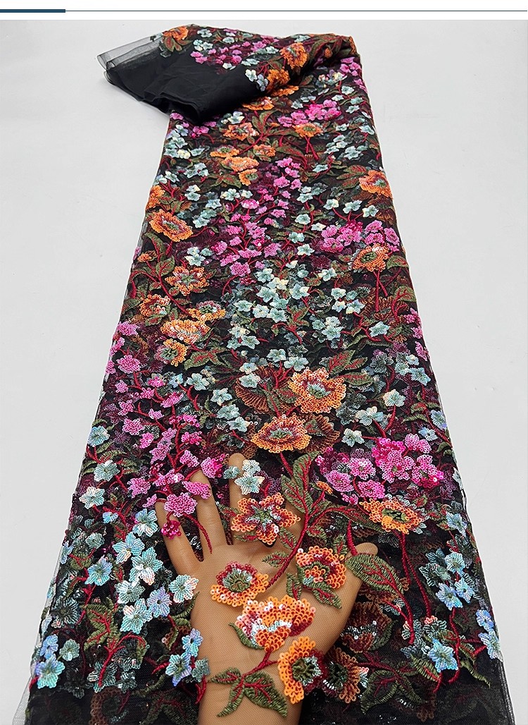1 ヤード新しいガーゼ生地マルチカラースパンコール刺繍花スパンコール tissu ドレスと結婚式のチャイナ生地衣料用