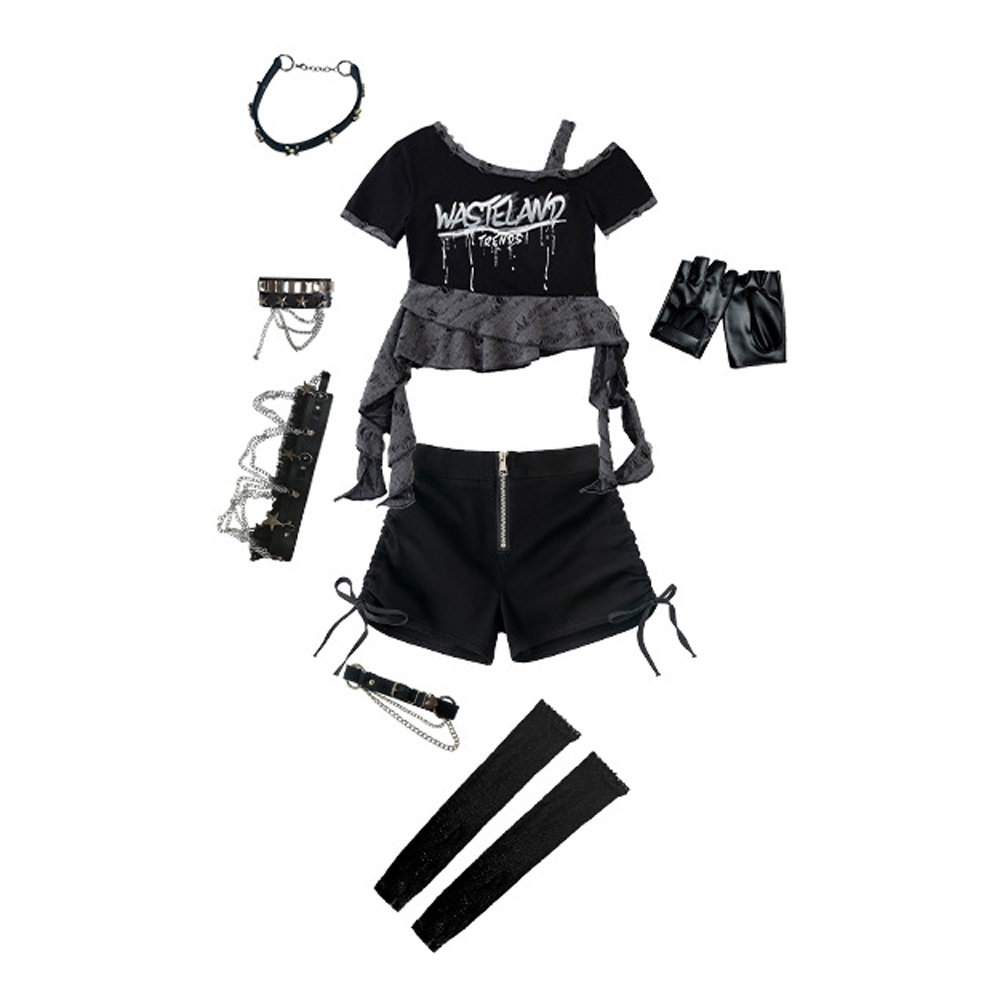 女の子ストリートダンス服スロープショルダートップだぶだぶのパンツファッションショートチアリーディングダンスパフォーマンス衣装グループヒップホップスーツ