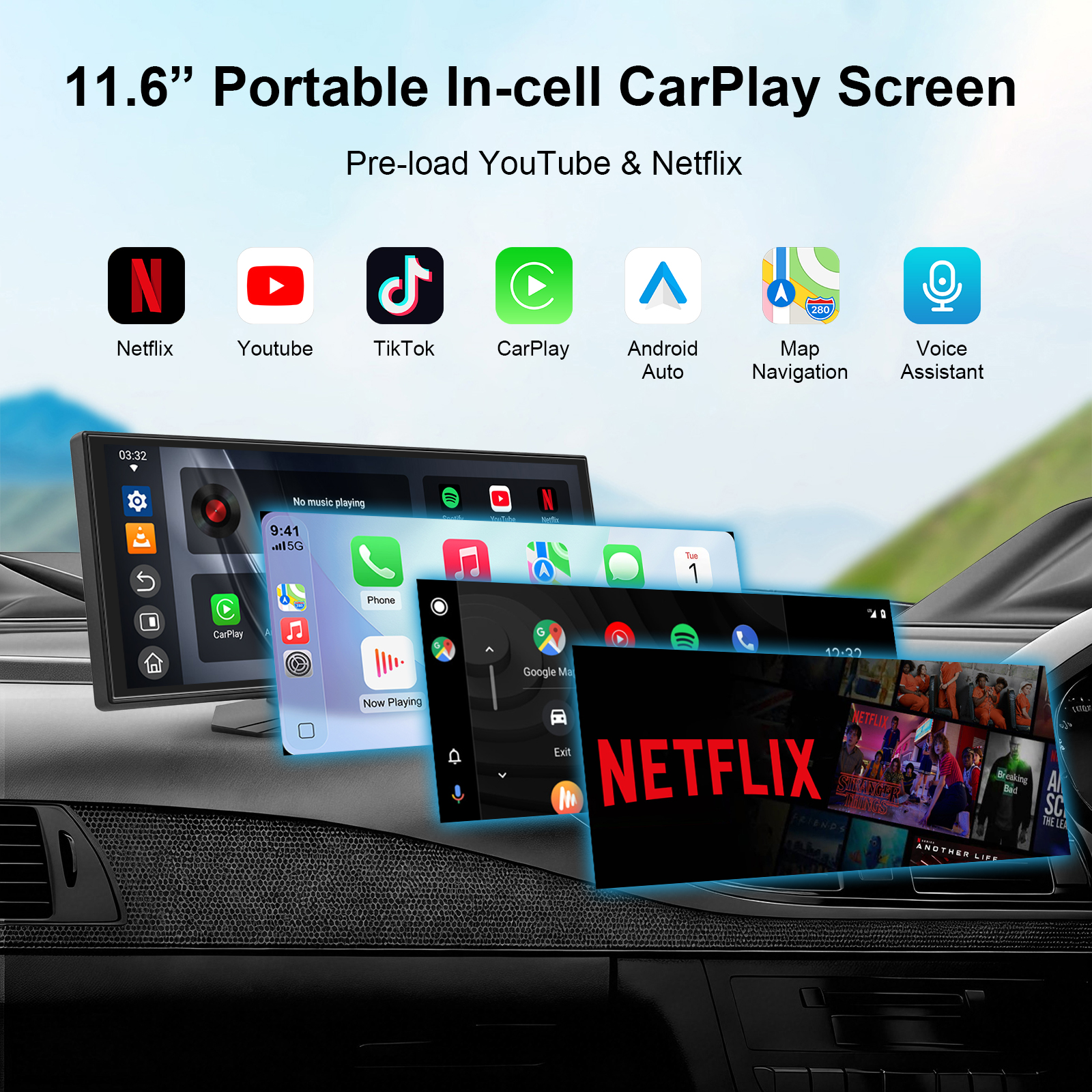 11.6 インチ インセル タッチスクリーン ワイヤレス CarPlay を備えたポータブル CarPlay スクリーン Android Auto プリロード オンライン ビデオおよびオーディオ アプリ