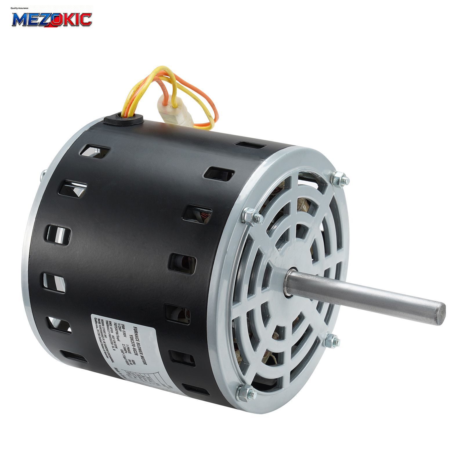 1/2HP 炉ブロワーモーター、208/230V 2.7Amp、1075RPM 5 速度、CW/CCW 回転、48 フレーム 3.4 インチシャフト長、7.5μF/450V コンデンサ 11 インチホールドフープ