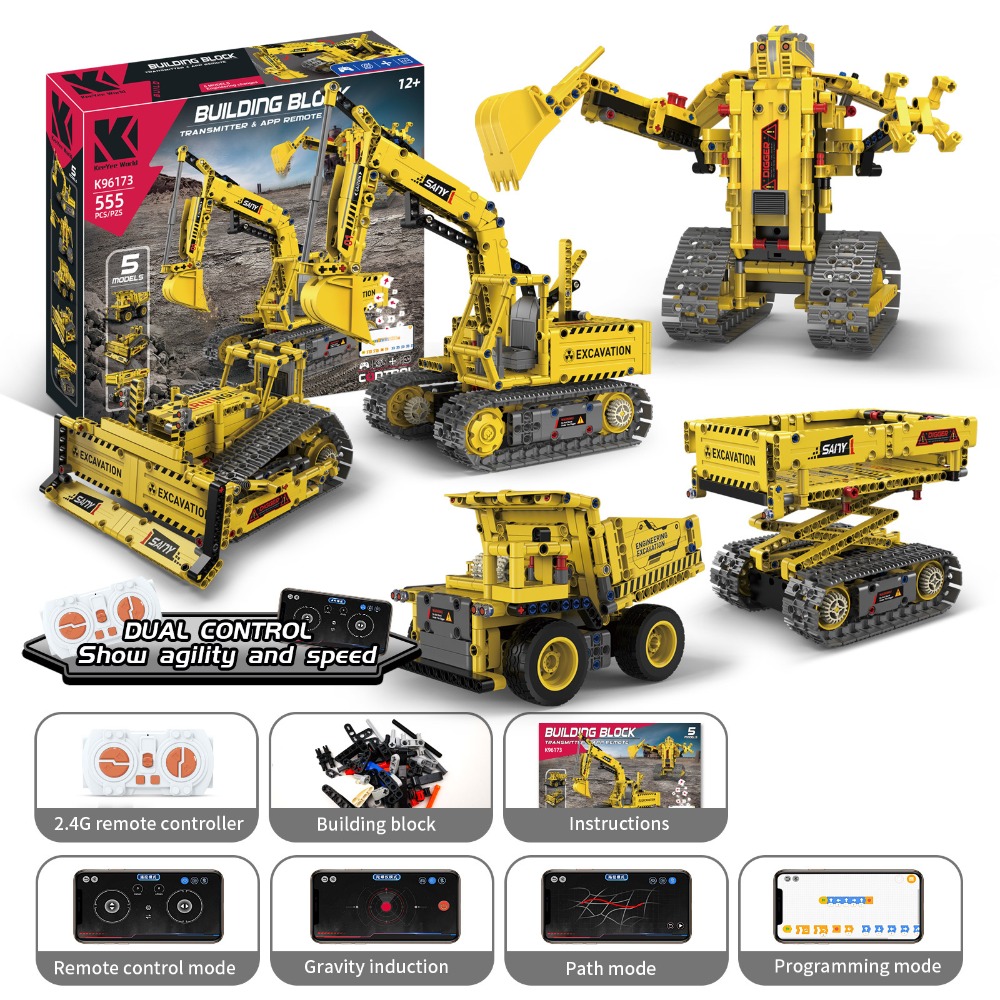K96173 555 個 5-in-1 エンジニアリング車両キット RC プログラム可能な機能を備えたアプリ制御 STEM 構築セット STEM 教育玩具