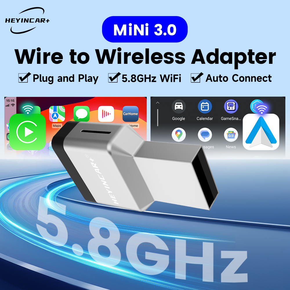 HEYINCAR Mini Air 2in1 ワイヤレス CarPlay Android Auto アダプター 5.8GHz プラグアンドプレイ ドングル ワイヤー Carplay および Android Auto 車用
