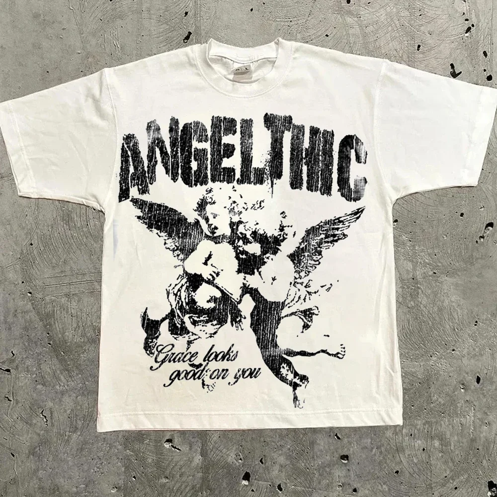 原宿レターグラフィック Tシャツ Y2k トップス男性女性ハイストリート特大 Tシャツプロ選択ストリート